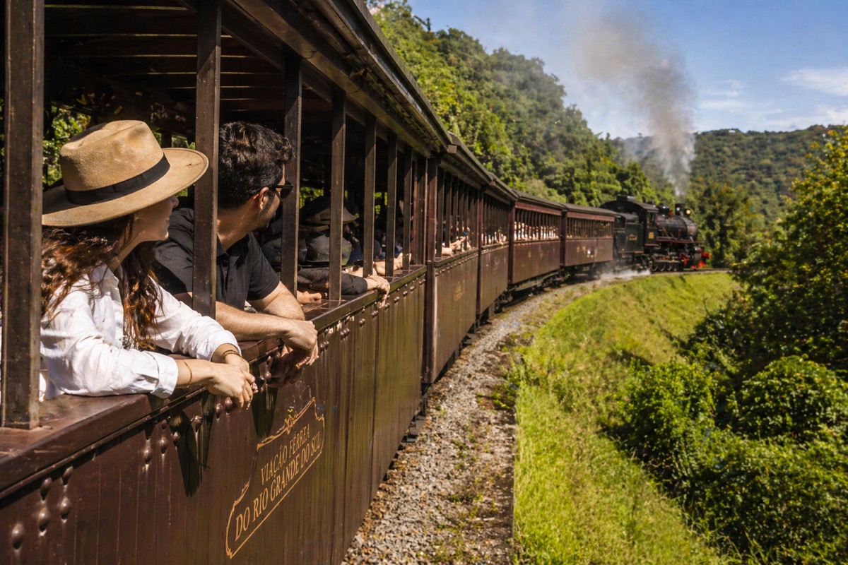 Passageiros admirando a paisagem da Maria Fumaça do Vale dos Vinhedos — tour privativo Bento Gonçalves a Carlos Barbosa